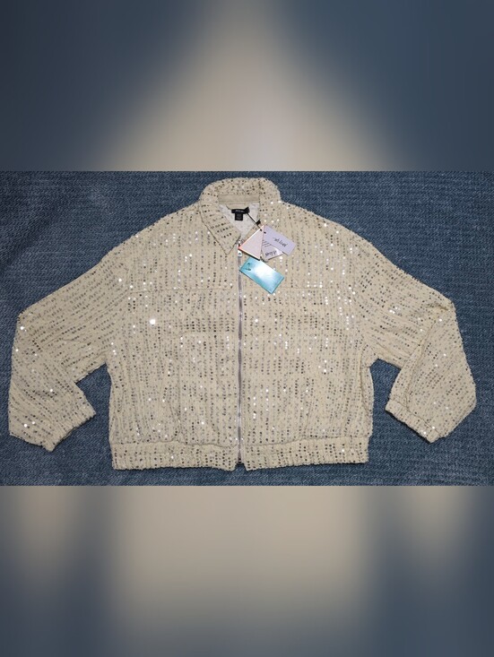 Nasty Gal Jackets & Blazers - Denim Womena Sequin Zip-Up Jacket in Cream - Nasty Gal Size 10 Large/Extra Large